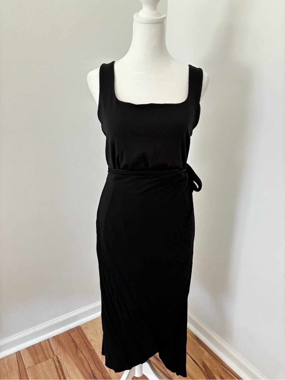Quince Tencel Jersey Side Tie Midi Dress Black Large NWT Square Neck - Picture 2 of 13
